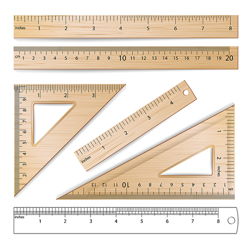 Wooden Metric Imperial Rulers Vector. Centimeter And Inch. Measure Tools Equipment Illustration Isolated On White Background.