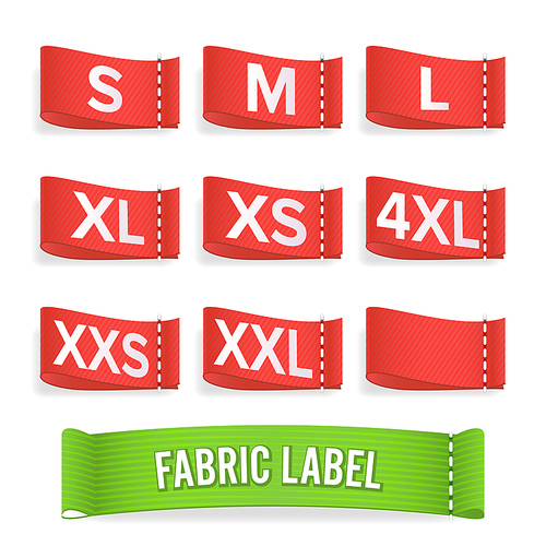 Size Label Fabric Vector. Realistic Set Bright Blank Fabric Labels Or Badges