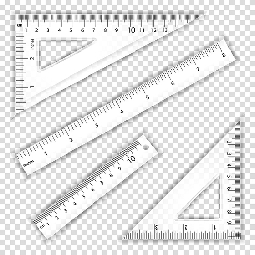 Transparent Ruler And Triangles Vector. Centimeter And Inch. Measure Tool Equipment Illustration. Several Instruments Variants