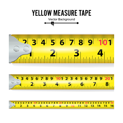 Yellow Measure Tape Vector. Centimeter And Inch. Measure Tool Equipment Isolated On White Background. Several Variants, Proportional Scaled.