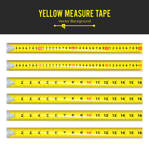 Yellow Measure Tape Vector Illustration. Measure Tool Equipment In Inches. Several Variants, Proportional Scaled.