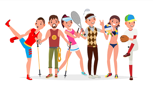 Summer Sports Vector. Set Of Players In Boxing, Hiking, Basketball, Volleyball, Golf, Baseball Isolated Cartoon Illustration