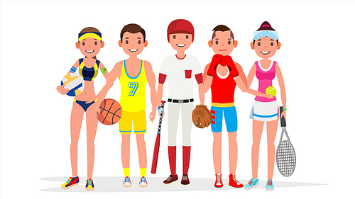 Summer Sports Vector. Set Of Players In Boxing, Basketball, Volleyball, Baseball. Isolated Flat Cartoon Illustration