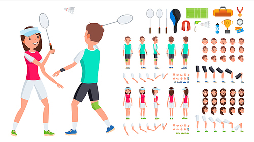 Badminton Player Male, Female Vector. Animated Character Creation Set. Man, Woman Full Length, Front, Side, Back View. Badminton Accessories. Poses Emotions Gestures Flat Illustration