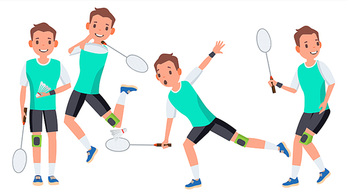 Badminton Male Player Vector. In Action. Racket. Modern Sport, Hobby. Holding Shuttlecock. Cartoon Character Illustration