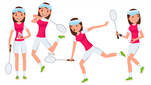 Badminton Female Player Vector. Playing In Different Poses. Woman. Athlete Isolated On White Cartoon Character Illustration