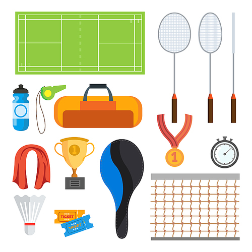 Badminton Icons Set Vector. Badminton Accessories. Flat Cartoon Illustration