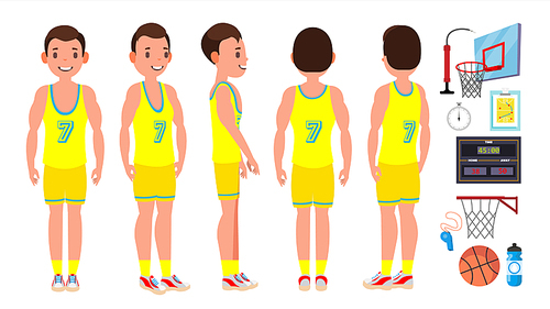 Basketball Male Player Vector. Yellow Uniform. Playing With A Ball. Healthy Lifestyle. Team Action Stickers. Cartoon Character Illustration