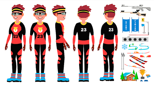 Biathlon Man Player Male Vector. Running In Biathlon Rise. Venue In The Forest. Cartoon Athlete Character Illustration