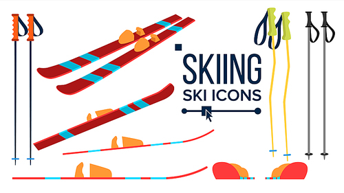 Skiing Icons Vector. Different View. Winter Sport Equipment. Equipment. Mountain Vacation, Activity, Travel Flat Illustration