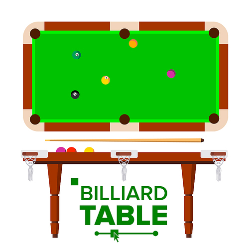 Billiard Table Vector. Top, Side View. Green Classic Pool, snooker Table. Flat Illustration