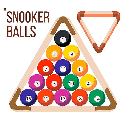 Pool Billiard Balls Vector. Snooker. Wooden Rack. Flat Illustration