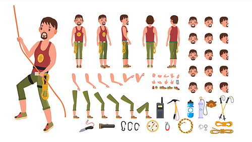 Rock Climber Male Vector. Animated Character Creation Set. Professional Mountain Climber Man. Full Length, Front, Side, Back View, Accessories, Poses, Face Emotions. Isolated Cartoon Illustration