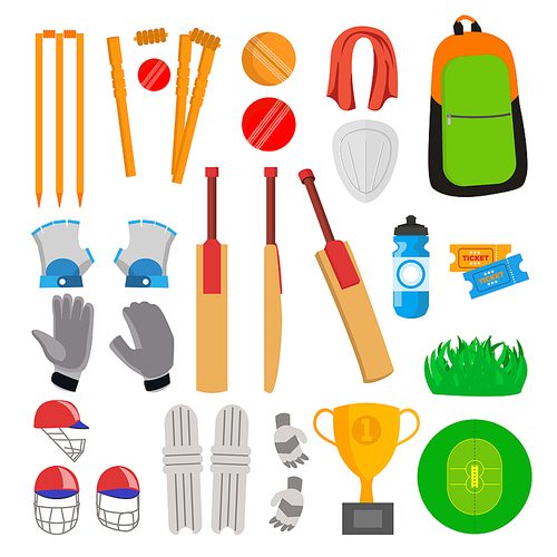 Cricket Icons Set Vector. Cricketer Accessories. Bat, Gloves, Helmet, Ball, Cup Playing Field Isolated Cartoon Illustration