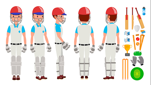 Cricket Player Vector. In Action. Cricket Team Character. Poses. Flat Cartoon Illustration