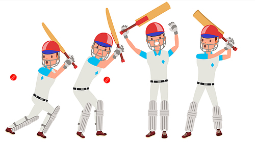 Cricket Player Vector. Wearing Sport Uniform Clothes. Different Poses. Cartoon Character Illustration