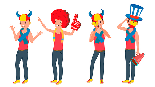 Sports Supporting Team Vector. Guys Fans Cheer For Team. Different Poses. Cartoon Character Illustration