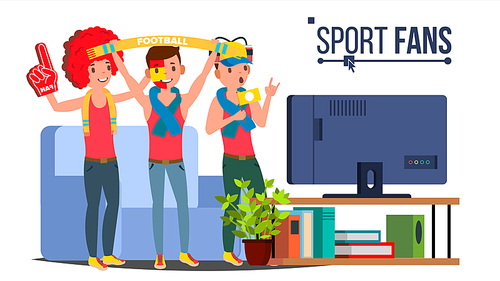 Sport Fans Group Vector. TV-set. Sport Match Supporting. Isolated Flat Cartoon Illustration