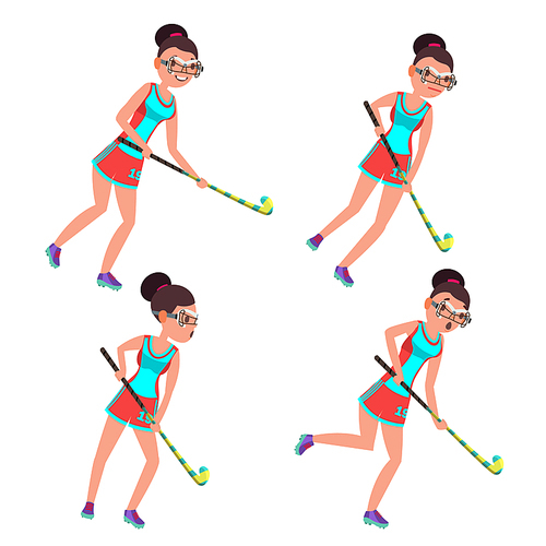 Field Hockey Girl Player Female Vector. Women s Grass Hockey Match. Cartoon Character Illustration