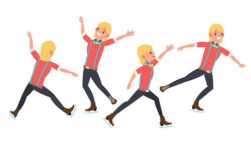 Man Athlete Figure Skating. Ice Figure Skater Vector. Athletes Winter Sport. In Action. Synchron Dancer. Different Poses. Isolated Flat Cartoon Character Illustration