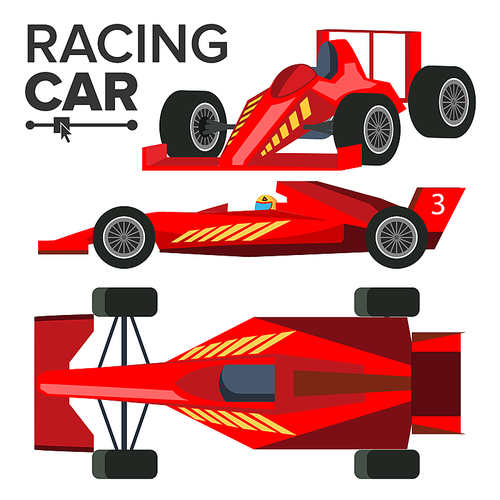 Racing Car Bolid Vector. Sport Red Racing Car. Front, Side, Back View. Auto Illustration