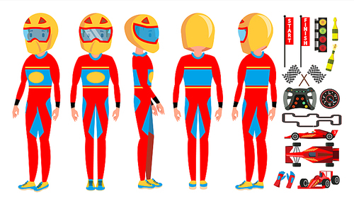 Sport Car Racer Man Male Vector. Turbo Rally. Poses. Modern Driver. Cartoon Athlete Character Illustration