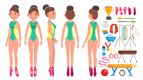 Gymnastics Young Woman Player Vector. Gymnastic Mace. Modern Beauty Uniform. Girl Athlete. Flat Cartoon Illustration