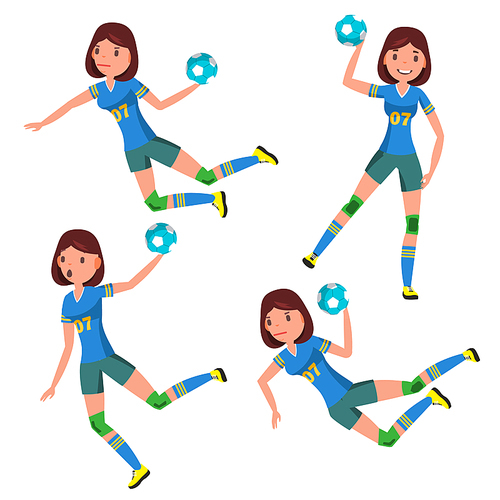 Handball Girl Player Female Vector. Match Competition. Running, Jumping. Cartoon Athlete Character Illustration