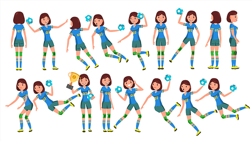 Handball Female Player Vector. Playing In Different Poses. Woman. Attack Jump. Shooting Player. Athlete Isolated On White Cartoon Character Illustration