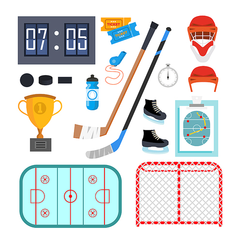 Ice Hockey Icons Set Vector. Ice Hockey Symbols And Accessories. Isolated Flat Illustration