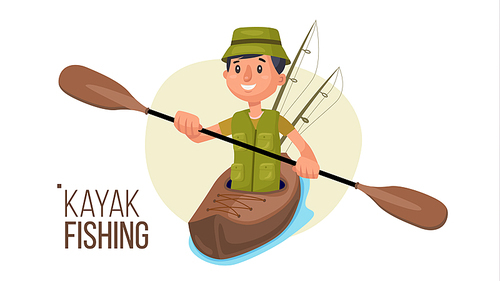 Paddling Kayak Vector. Summer Kayak Fishing. Fishermen Isolated Flat Cartoon Character