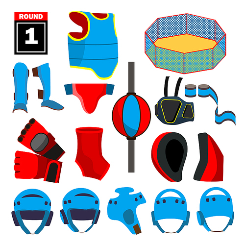 MMA Icons Set Vector. MMA Accessories. Round, Arena, Ring, Gloves, Helmet Belt Isolated Cartoon Illustration