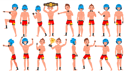 MMA Young Man Player Vector. Man. Fighters Fighting. Training Club. Poses Set. Flat Athlete Cartoon Illustration