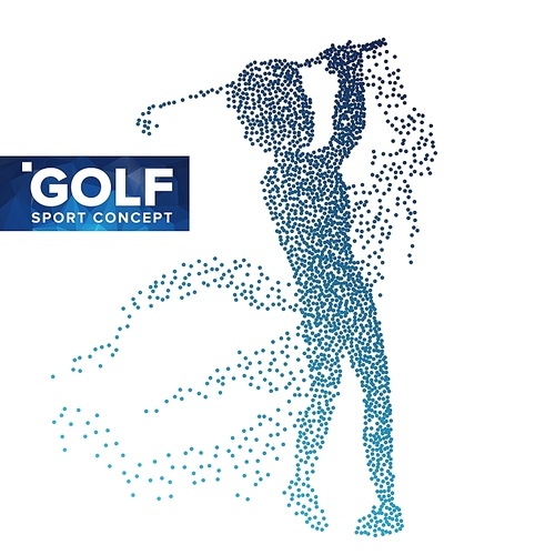 Golf Player Silhouette Vector. Grunge Halftone Dots. Golf Athlete In Action. Flying Particles. Sport Banner, Game Competitions, Event Concept. Isolated Illustration