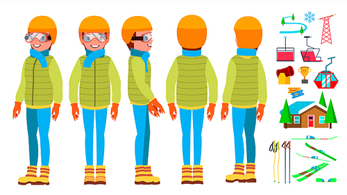 Skiing Male Vector. In Action. Man On Skis. Winter Sport. Ski Suit. Cartoon Character Illustration