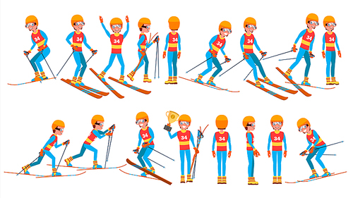 Skiing Young Man Player Vector. Man. Ski Resort. Skiing In The Mountains. Flat Athlete Cartoon Illustration