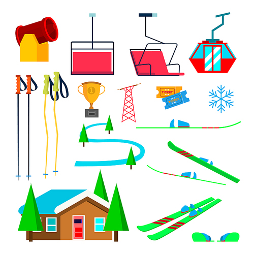 Skiing Icons Set Vector. Skiing Accessories. Skis, Snow Gun, Snowflake, Lift, Elevator, Mountains, Winter Sport Glasses Isolated Flat Illustration