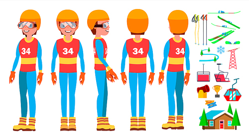 Skiing Male Player Vector. Slope Competition. Recreation Lifestyle. In Action. Cartoon Character Illustration