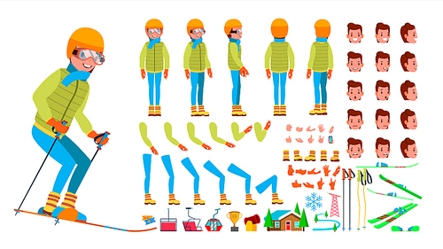 Skiing Male Vector. Animated Character Creation Set. Man Full Length, Front, Side, Back View, Accessories, Poses, Face Emotions, Gestures Isolated Illustration