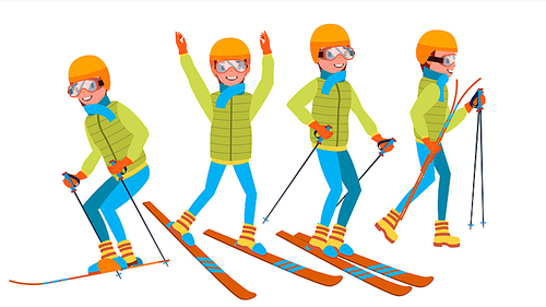 Skiing Young Man Vector. Man. Enjoying Snow Landscape. Skier And Snow. Flat Cartoon Illustration