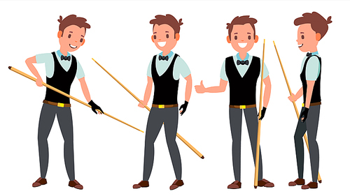 Snooker Male Player Vector. Playing In Different Poses. Man Athlete. Billiard. Championship Tournament. Tournament Event. Isolated On White Cartoon Character Illustration