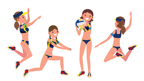 Female Beach Volleyball Player Vector. Professional Athlete. Players In Different Position. Sportswoman Games. Flat Cartoon Illustration