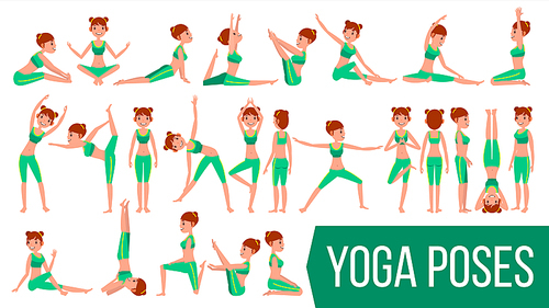 Yoga Female Vector. In Action. Meditation Positions. Flexible Girl. Cartoon Character Illustration