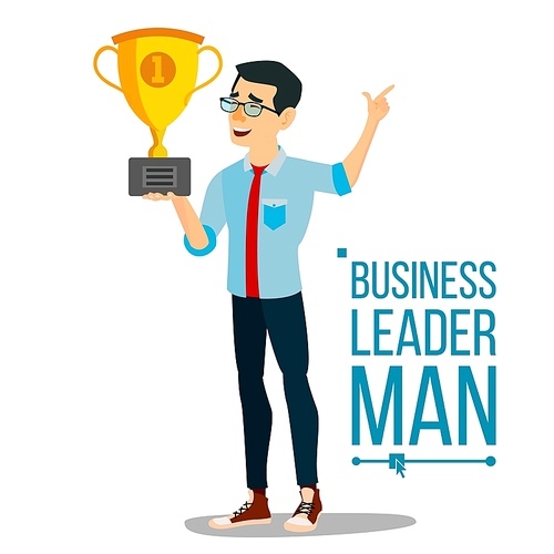 Attainment Concept Vector. Businessman Leader Holding Winner Golden Cup. Objective Attainment, Achievement. Best Worker, Achiever. Modern Office Employee. Flat Cartoon Illustration