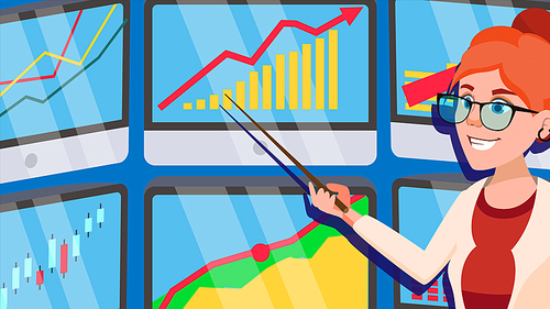 Broker Female Vector. Successful Stock-market Broker. Dynamics Of Financial Growth. Graphs, Indexes. Confident. Standing. Stock Exchange. Flat Cartoon Illustration