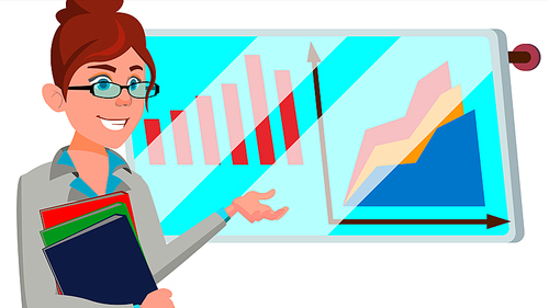 Broker Female Vector. Stock-market Broker. Charts, Data Analyses. Trading Stocks Online. Computer Screen. Traders Office. Business Success. Flat Cartoon Illustration