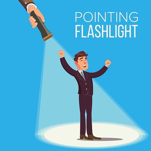 Choosing An Employee Vector Concept. Smiling Business Man In Suit. Standing. Person For Hiring. Flashlight Pointing To Happy Employee. Select People. Flat