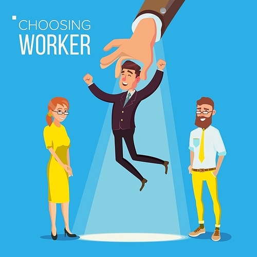 Choosing Worker Vector. Smiling Business Man In Suit. Standing Office Workers. Person For Hiring. Hand Choose Happy Employee. Having A Job Interview With HR. Job And Staff, Human And Recruitment