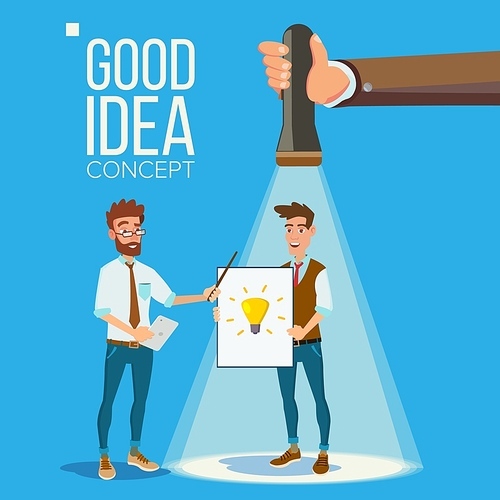 Good Idea Vector Concept. Smiling Office Workers. Standing. Flashlight Pointing Clerk With Good Idea. Business Meeting. Teamwork. Brainstorming Or Presentation Of The Project. Flat
