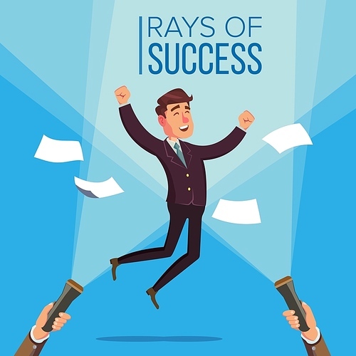 Happy Manager, Businessman Vector. Jumping On The Workplace. Rays Of Success Concept. Flashlight And Hand. Flat